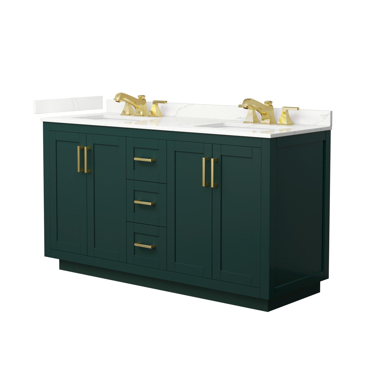 Wyndham Collection Miranda 60" Double Bathroom Vanity in Green, Giotto Quartz Countertop, Undermount Square Sinks (3-Hole), Brushed Gold Trim