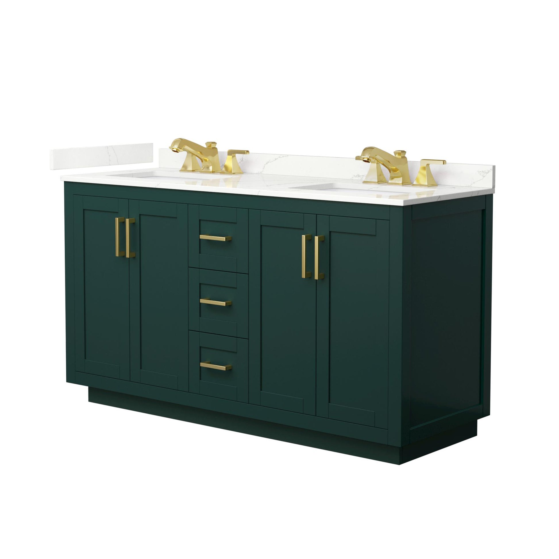 Wyndham Collection Miranda 60" Double Bathroom Vanity in Green, Giotto Quartz Countertop, Undermount Square Sinks (3-Hole), Brushed Gold Trim