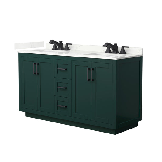 Wyndham Collection Miranda 60" Double Bathroom Vanity in Green, Giotto Quartz Countertop, Undermount Square Sinks (3-Hole), Matte Black Trim
