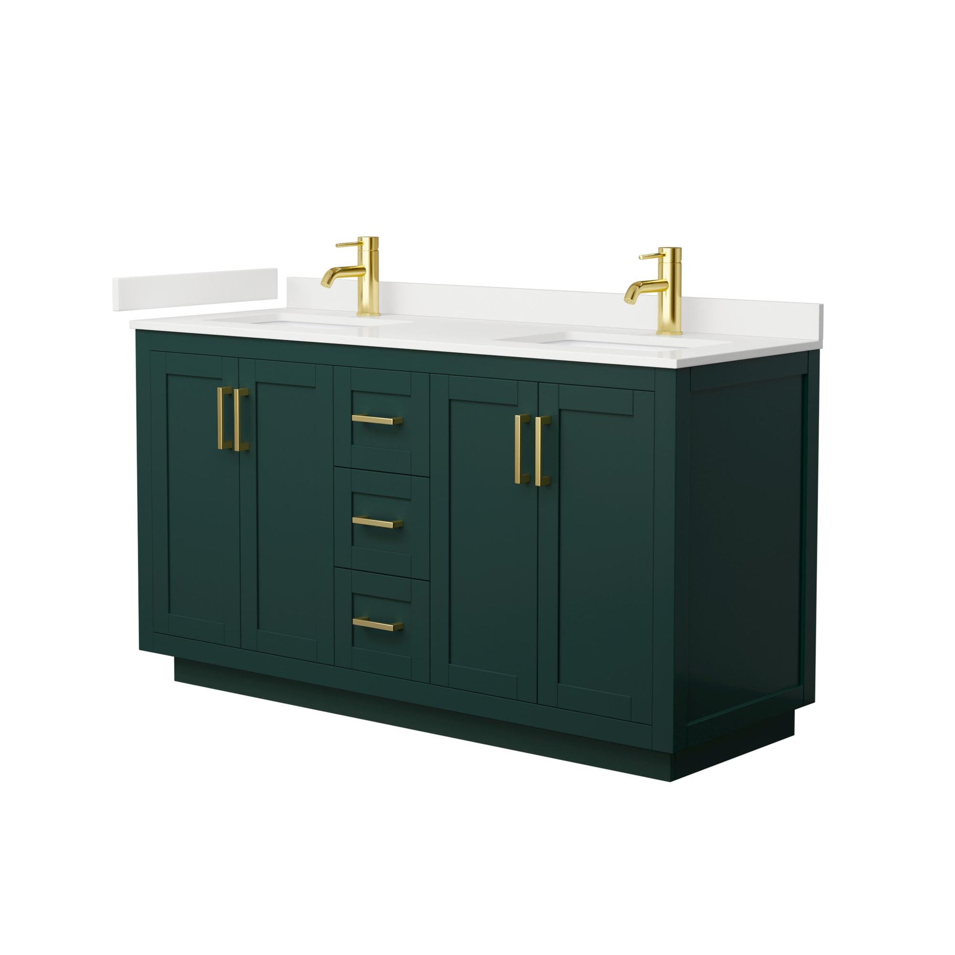 Wyndham Collection Miranda 60" Double Bathroom Vanity in Green, White Quartz Countertop, Undermount Square Sinks (1-Hole), Brushed Gold Trim