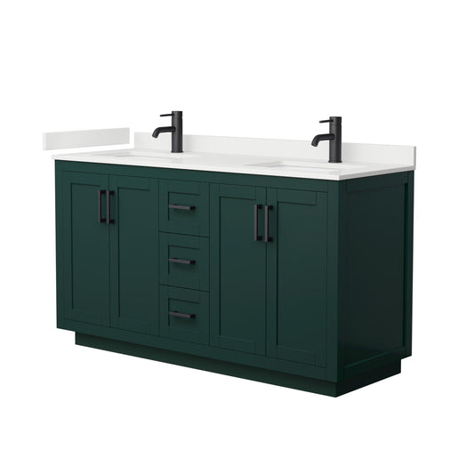Wyndham Collection Miranda 60" Double Bathroom Vanity in Green, White Quartz Countertop, Undermount Square Sinks (1-Hole), Matte Black Trim
