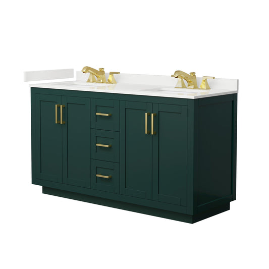 Wyndham Collection Miranda 60" Double Bathroom Vanity in Green, White Quartz Countertop, Undermount Square Sinks (3-Hole), Brushed Gold Trim