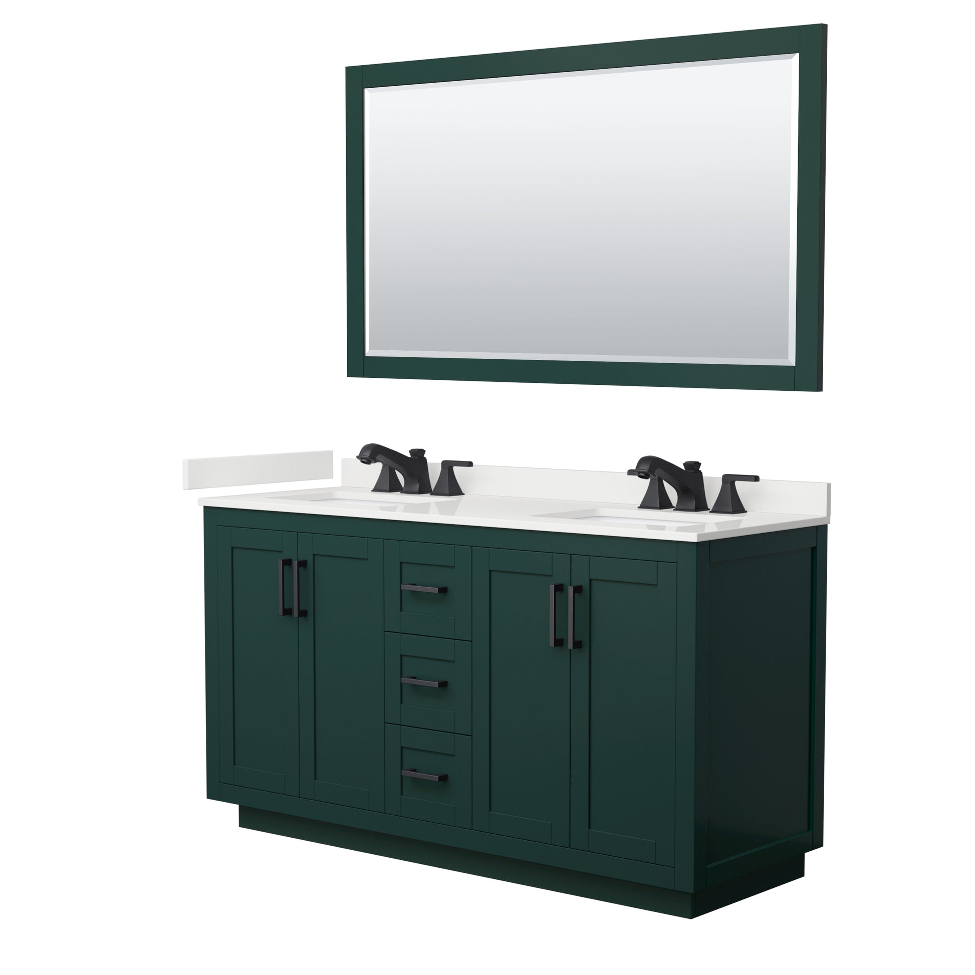 Wyndham Collection Miranda 60" Double Bathroom Vanity in Green, White Quartz Countertop, Undermount Square Sinks (3-Hole), Matte Black Trim, 58" Mirror