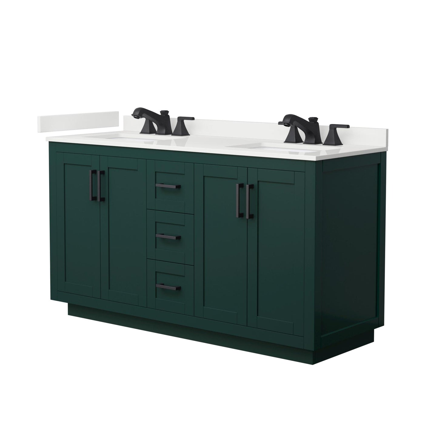 Wyndham Collection Miranda 60" Double Bathroom Vanity in Green, White Quartz Countertop, Undermount Square Sinks (3-Hole), Matte Black Trim
