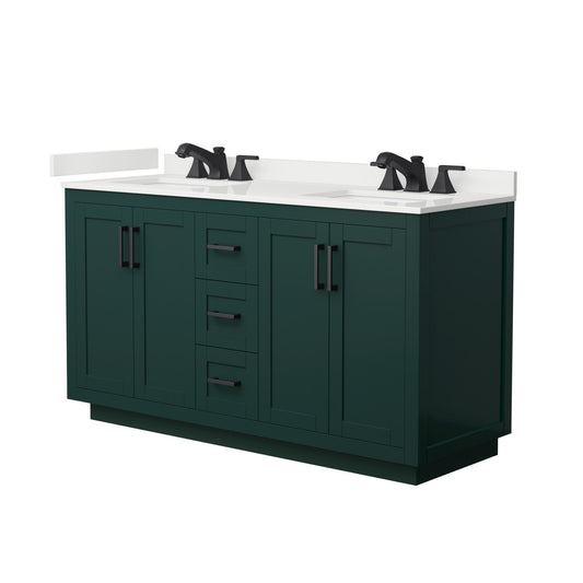 Wyndham Collection Miranda 60" Double Bathroom Vanity in Green, White Quartz Countertop, Undermount Square Sinks (3-Hole), Matte Black Trim