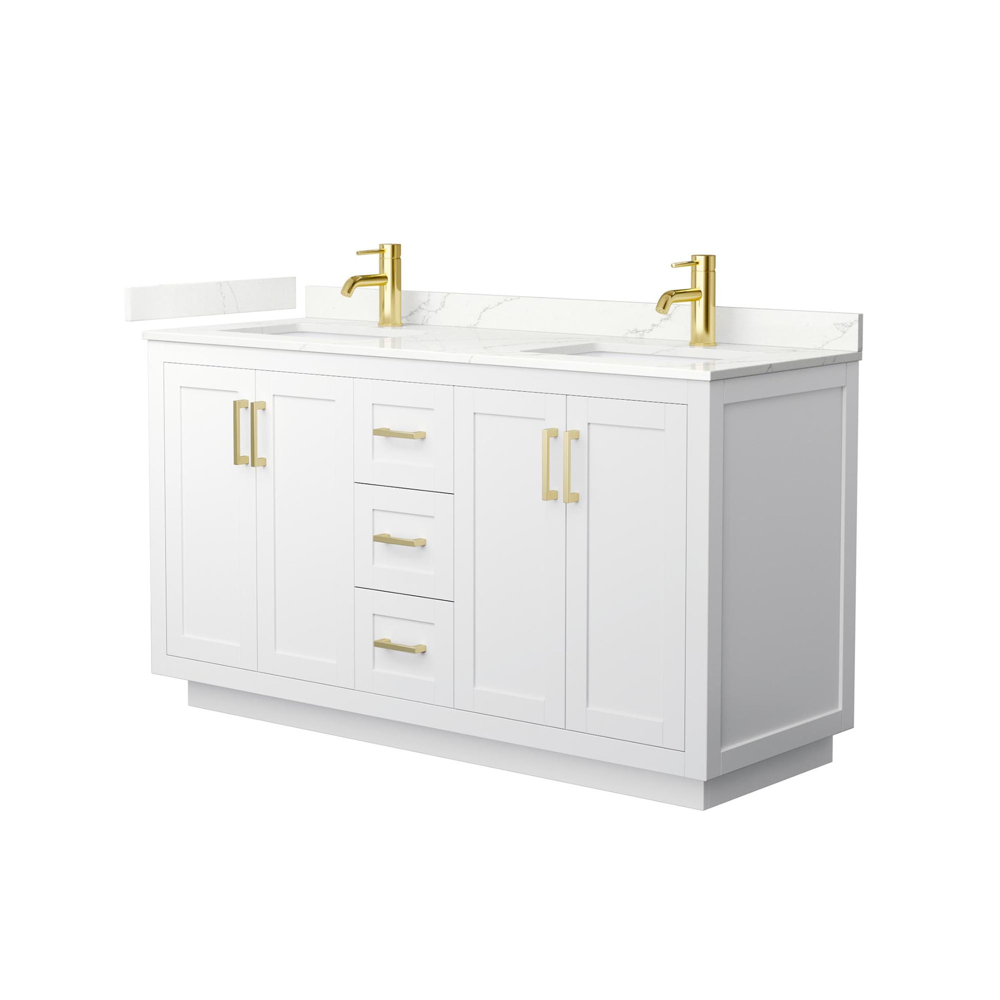 Wyndham Collection Miranda 60" Double Bathroom Vanity in White, Giotto Quartz Countertop, Undermount Square Sinks (1-Hole), Brushed Gold Trim