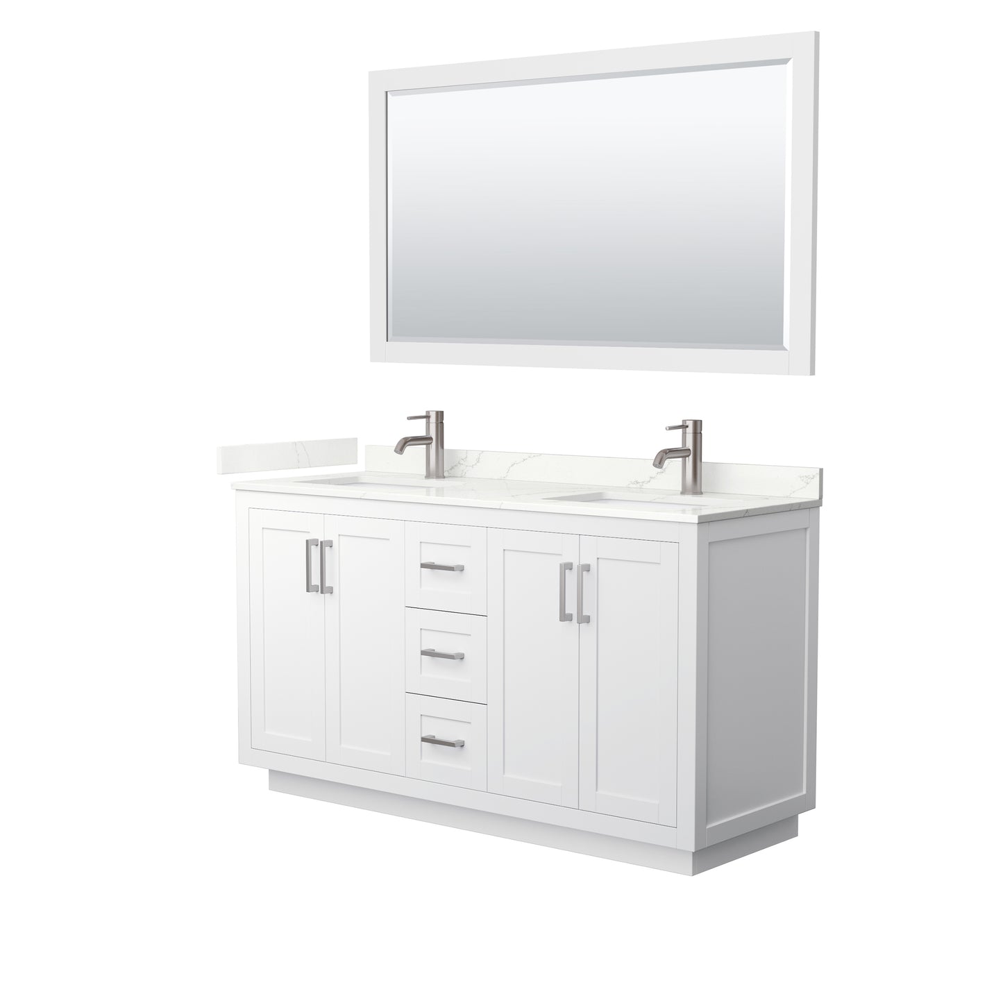 Wyndham Collection Miranda 60" Double Bathroom Vanity in White, Giotto Quartz Countertop, Undermount Square Sinks (1-Hole), Brushed Nickel Trim, 58" Mirror