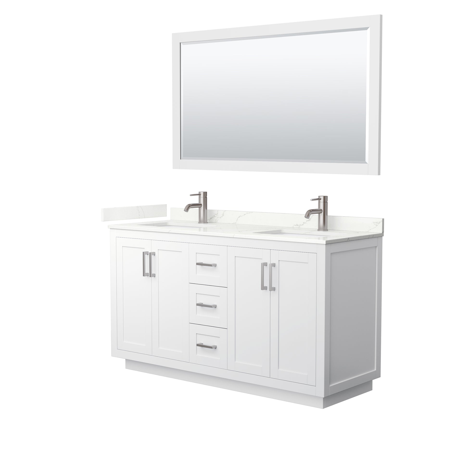 Wyndham Collection Miranda 60" Double Bathroom Vanity in White, Giotto Quartz Countertop, Undermount Square Sinks (1-Hole), Brushed Nickel Trim, 58" Mirror
