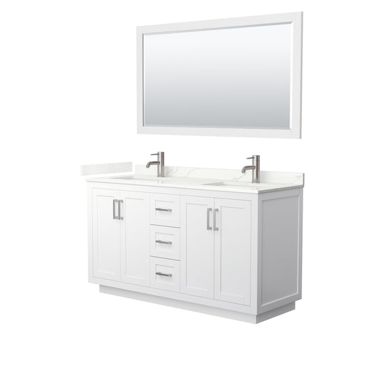 Wyndham Collection Miranda 60" Double Bathroom Vanity in White, Giotto Quartz Countertop, Undermount Square Sinks (1-Hole), Brushed Nickel Trim, 58" Mirror