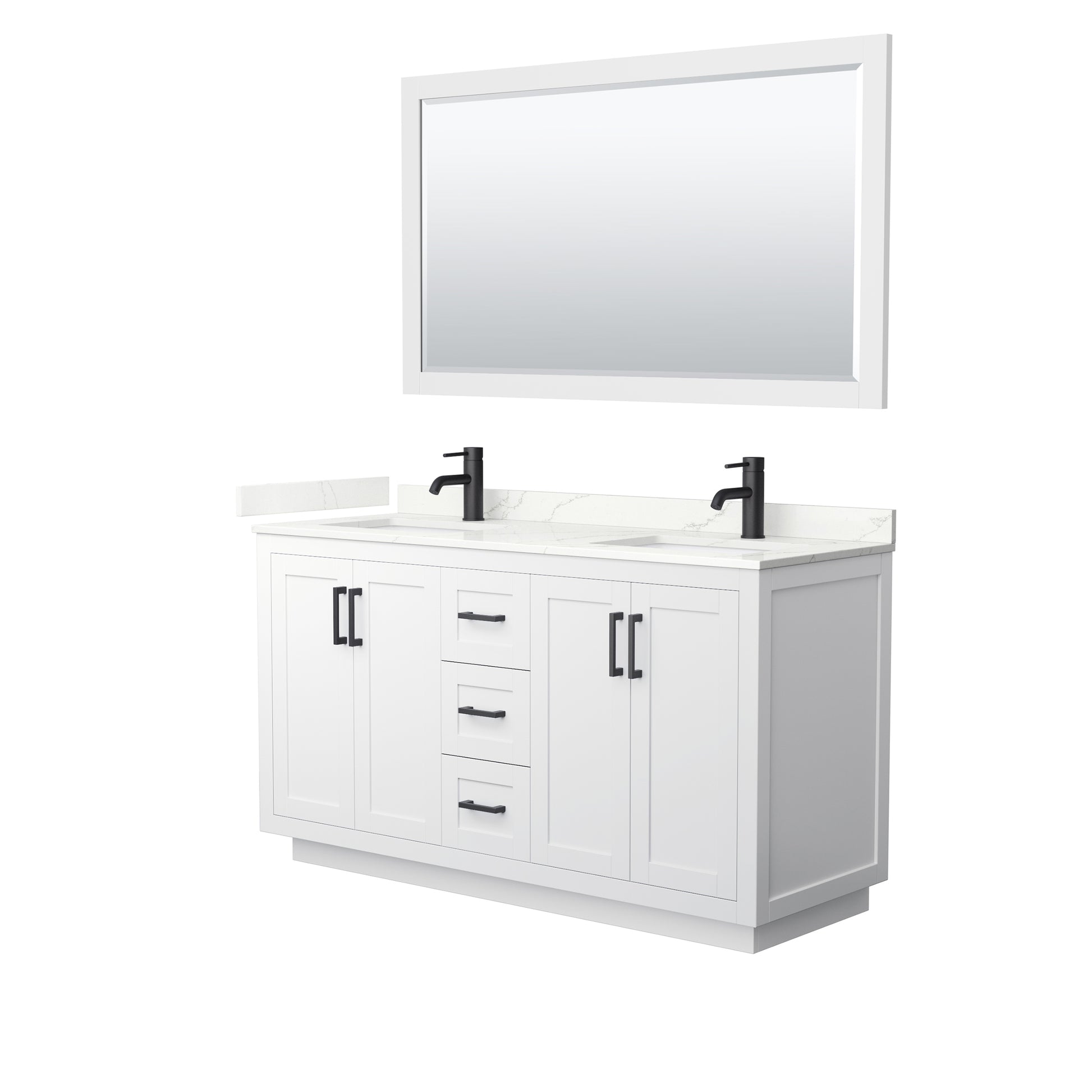 Wyndham Collection Miranda 60" Double Bathroom Vanity in White, Giotto Quartz Countertop, Undermount Square Sinks (1-Hole), Matte Black Trim, 58" Mirror