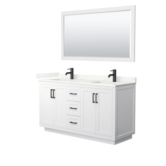 Wyndham Collection Miranda 60" Double Bathroom Vanity in White, Giotto Quartz Countertop, Undermount Square Sinks (1-Hole), Matte Black Trim, 58" Mirror