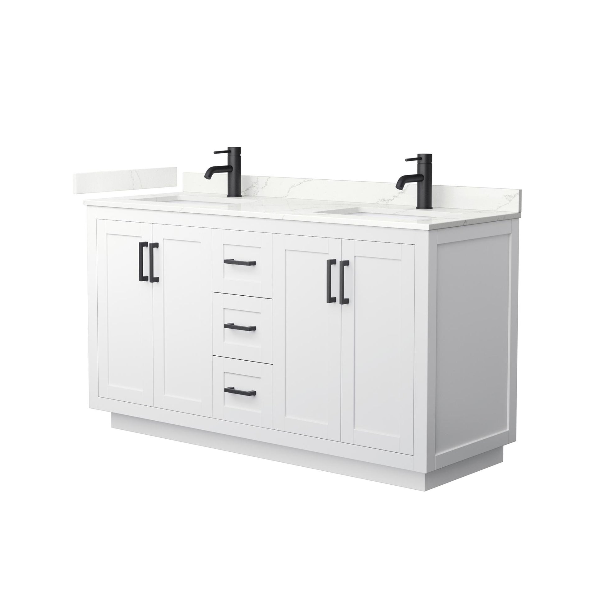 Wyndham Collection Miranda 60" Double Bathroom Vanity in White, Giotto Quartz Countertop, Undermount Square Sinks (1-Hole), Matte Black Trim