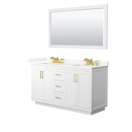 Wyndham Collection Miranda 60" Double Bathroom Vanity in White, Giotto Quartz Countertop, Undermount Square Sinks (3-Hole), Brushed Gold Trim, 58" Mirror