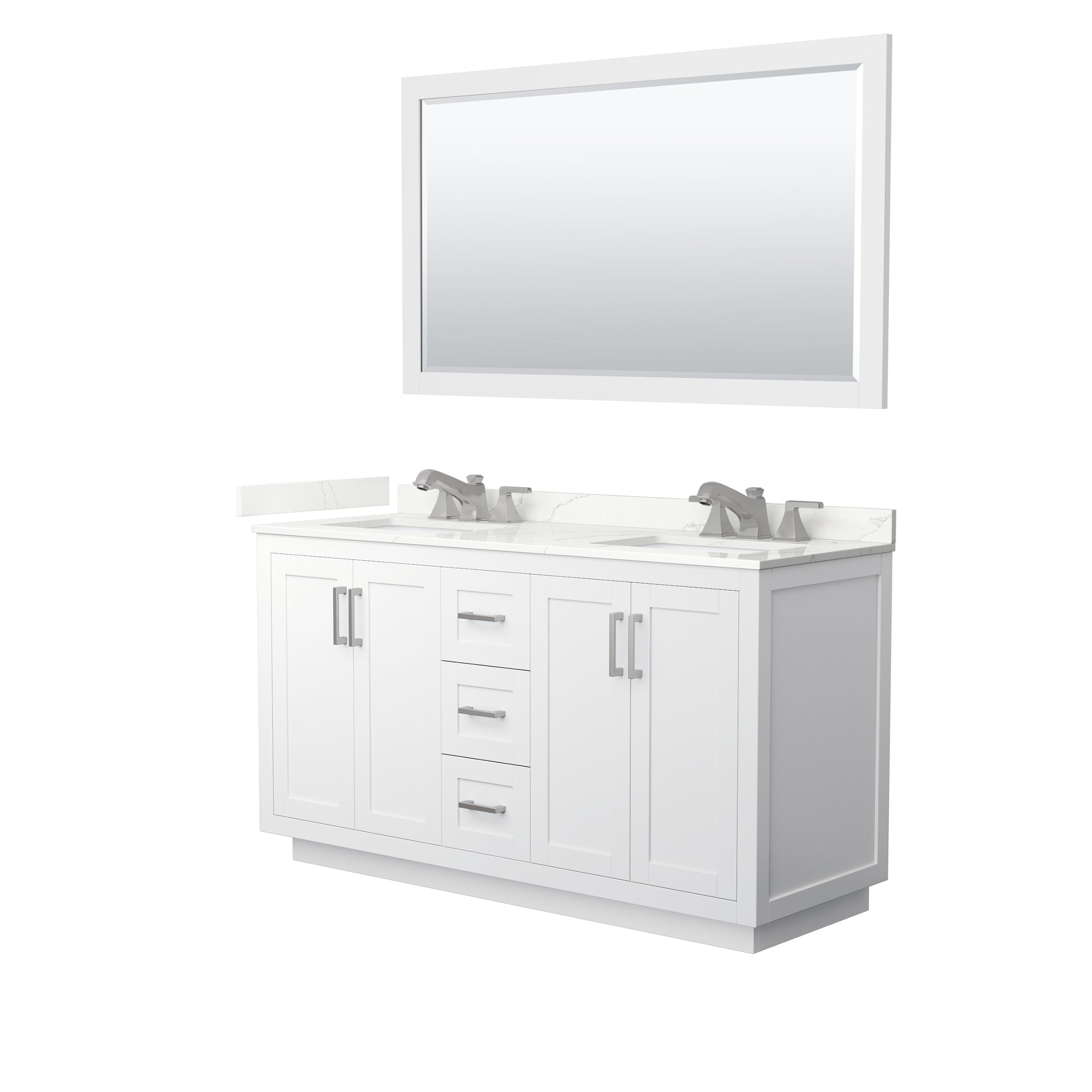 Wyndham Collection Miranda 60" Double Bathroom Vanity in White, Giotto Quartz Countertop, Undermount Square Sinks (3-Hole), Brushed Nickel Trim, 58" Mirror