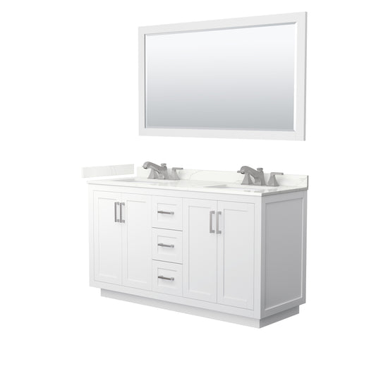 Wyndham Collection Miranda 60" Double Bathroom Vanity in White, Giotto Quartz Countertop, Undermount Square Sinks (3-Hole), Brushed Nickel Trim, 58" Mirror