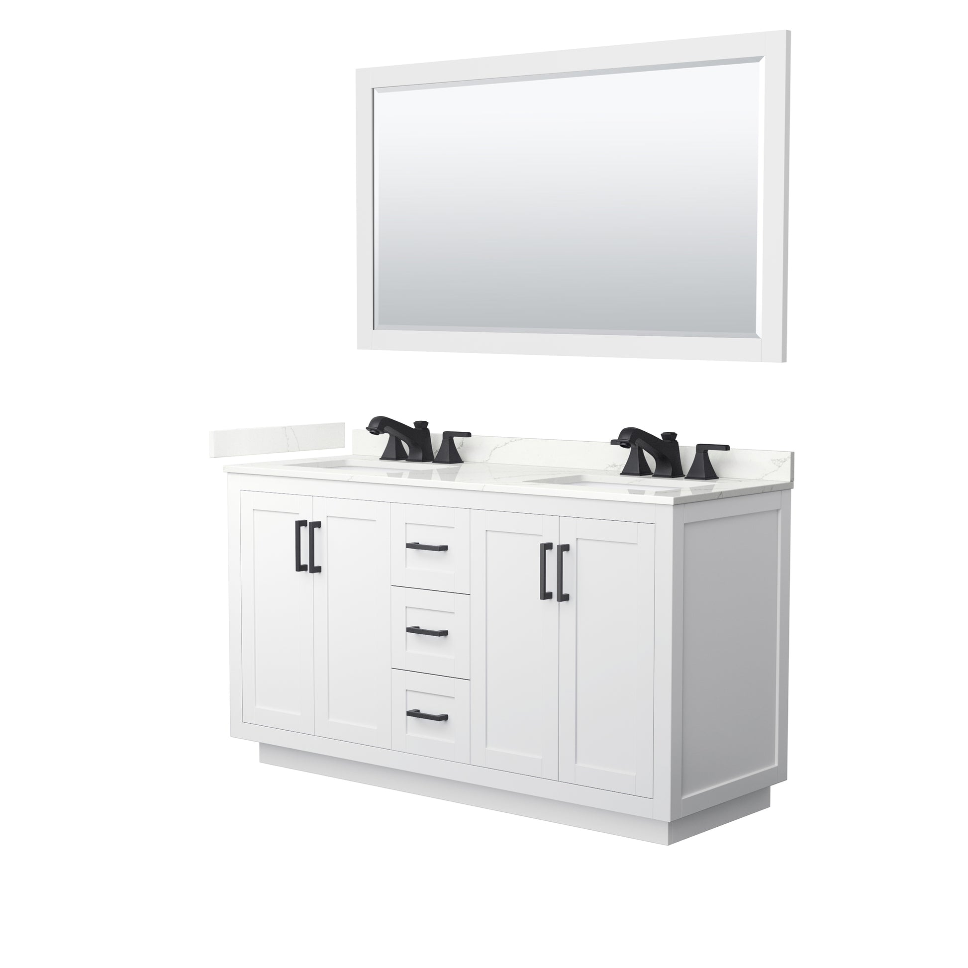 Wyndham Collection Miranda 60" Double Bathroom Vanity in White, Giotto Quartz Countertop, Undermount Square Sinks (3-Hole), Matte Black Trim, 58" Mirror