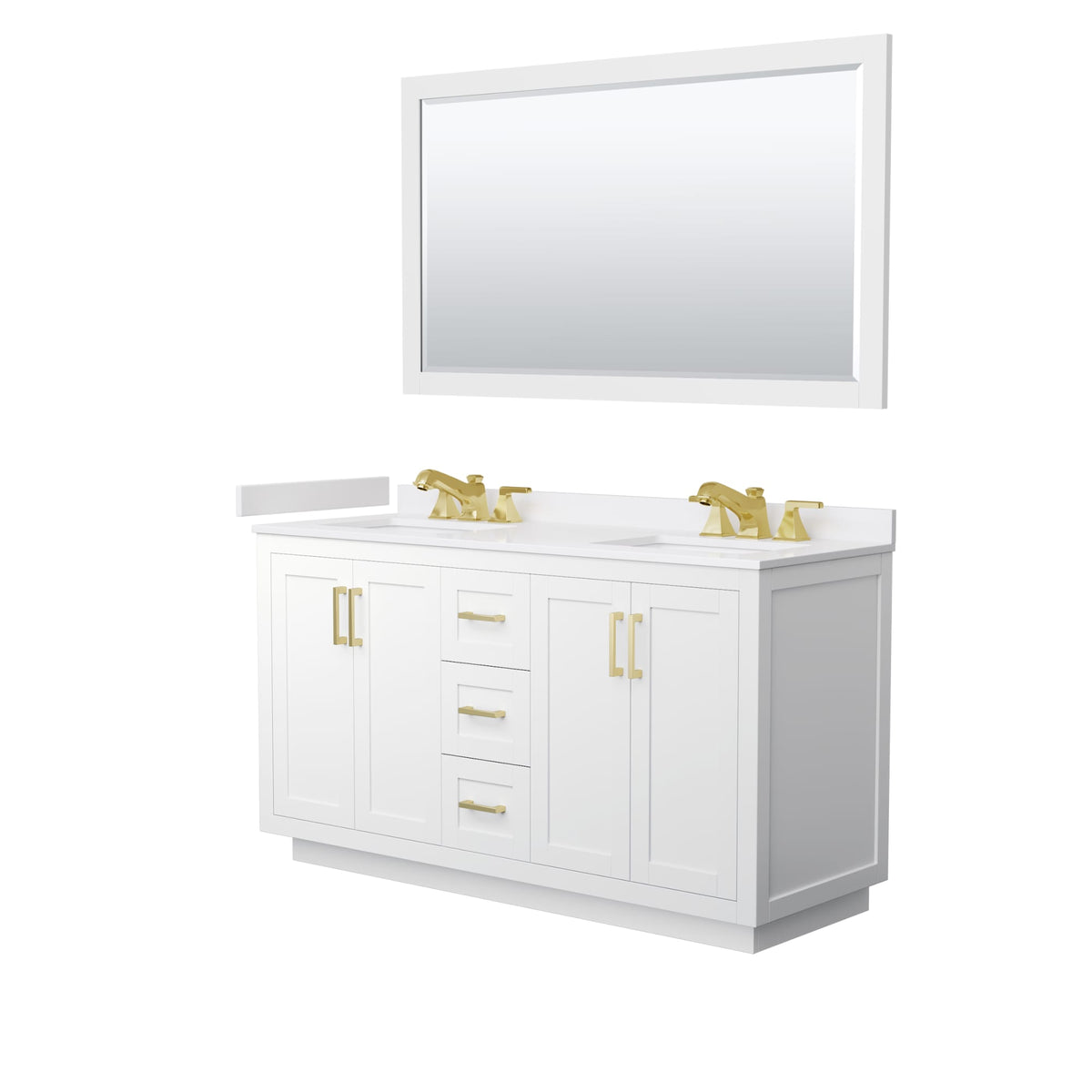 Wyndham Collection Miranda 60" Double Bathroom Vanity in White, White Cultured Marble Countertop, Undermount Square Sinks (3-Hole), Brushed Gold Trim and 58" Mirror
