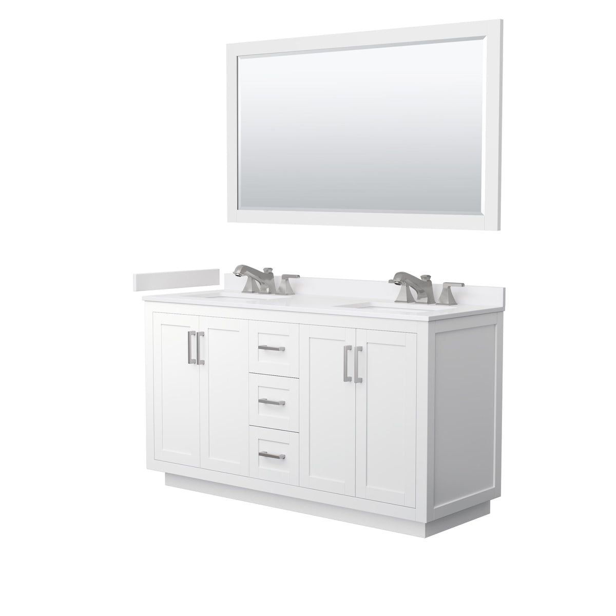 Wyndham Collection Miranda 60" Double Bathroom Vanity in White, White Cultured Marble Countertop, Undermount Square Sinks (3-Hole), Brushed Nickel Trim and 58" Mirror