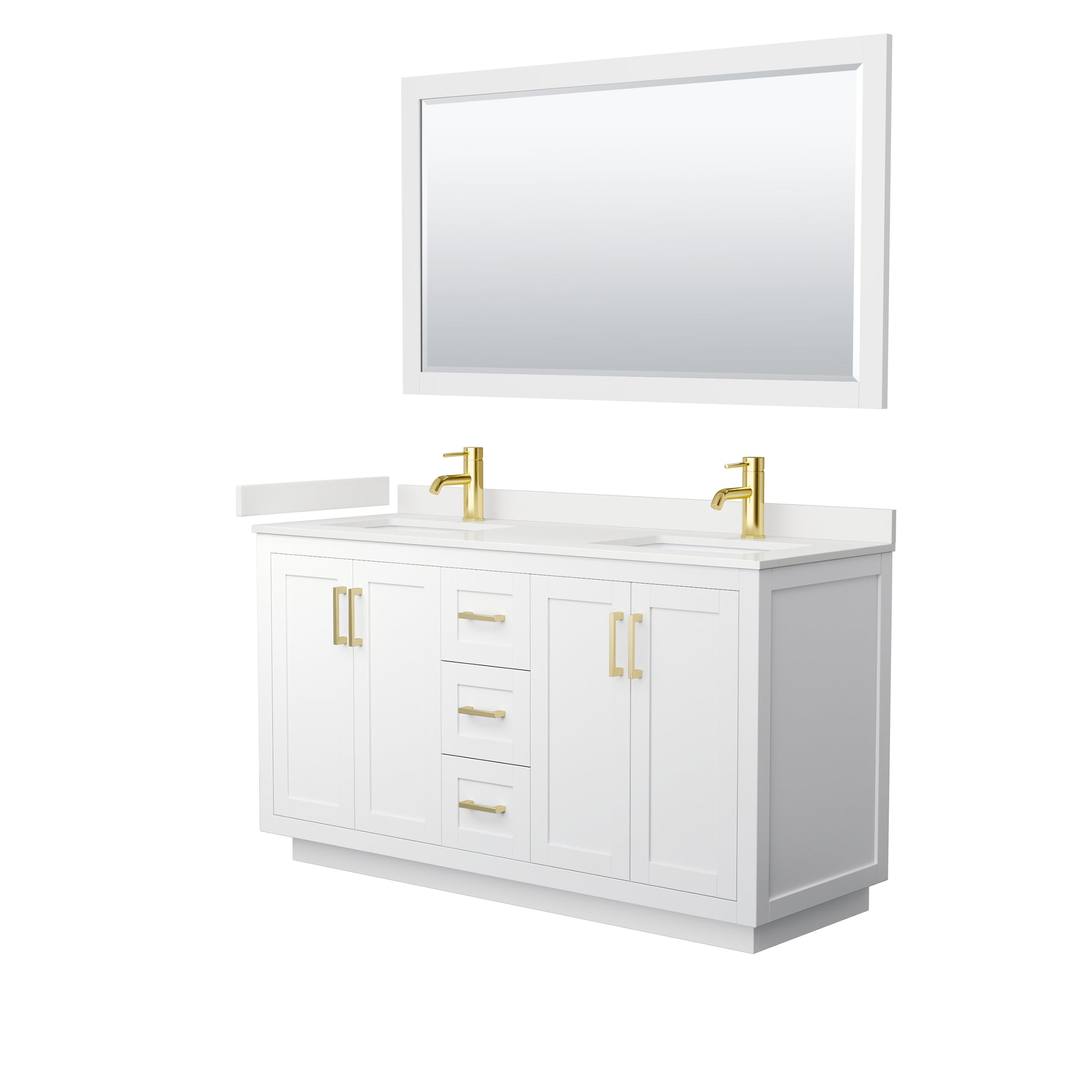 Wyndham Collection Miranda 60" Double Bathroom Vanity in White, White Quartz Countertop, Undermount Square Sinks (1-Hole), Brushed Gold Trim, 58" Mirror