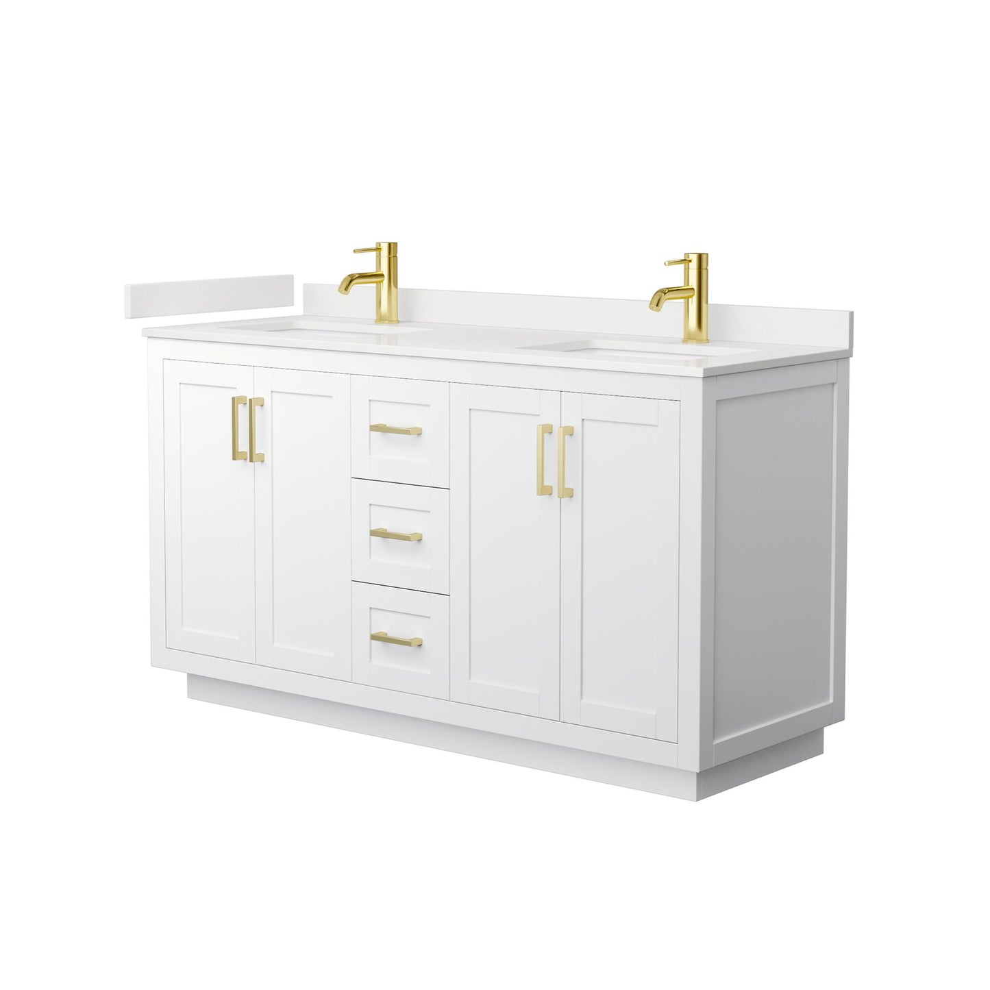 Wyndham Collection Miranda 60" Double Bathroom Vanity in White, White Quartz Countertop, Undermount Square Sinks (1-Hole), Brushed Gold Trim