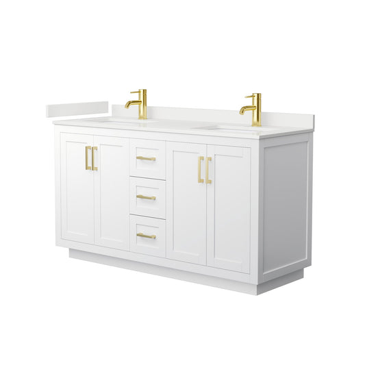 Wyndham Collection Miranda 60" Double Bathroom Vanity in White, White Quartz Countertop, Undermount Square Sinks (1-Hole), Brushed Gold Trim