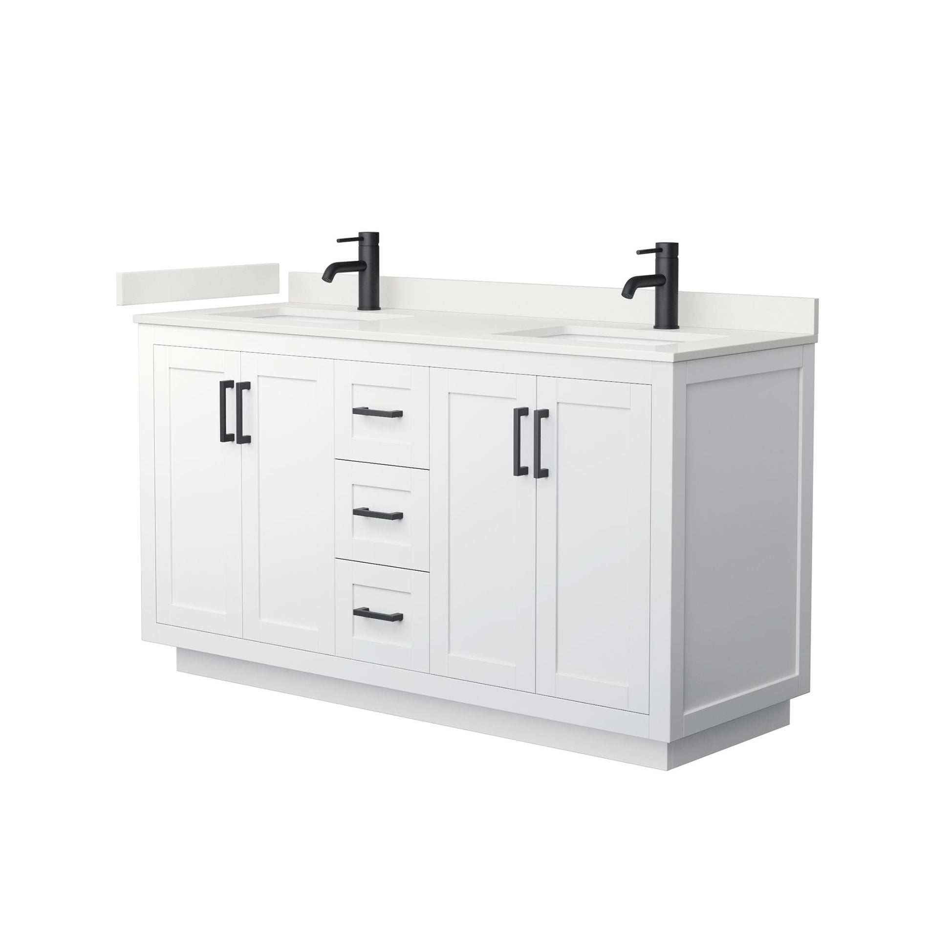 Wyndham Collection Miranda 60" Double Bathroom Vanity in White, White Quartz Countertop, Undermount Square Sinks (1-Hole), Matte Black Trim