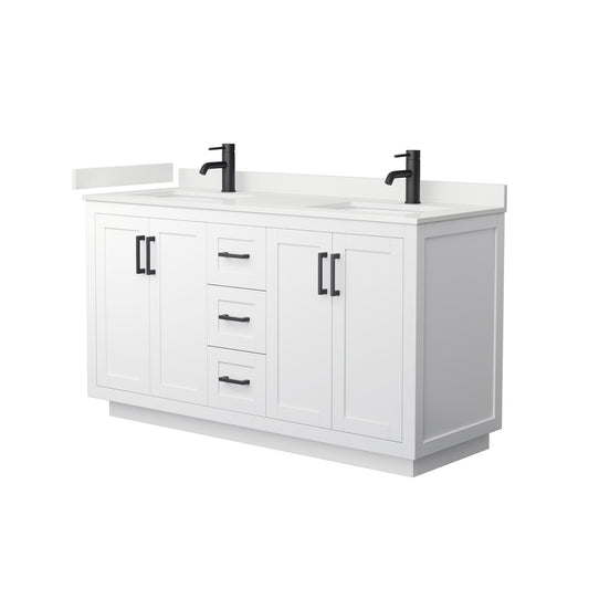 Wyndham Collection Miranda 60" Double Bathroom Vanity in White, White Quartz Countertop, Undermount Square Sinks (1-Hole), Matte Black Trim