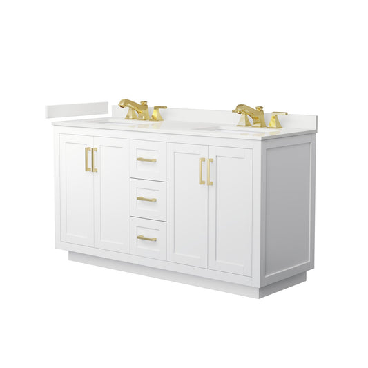Wyndham Collection Miranda 60" Double Bathroom Vanity in White, White Quartz Countertop, Undermount Square Sinks (3-Hole), Brushed Gold Trim