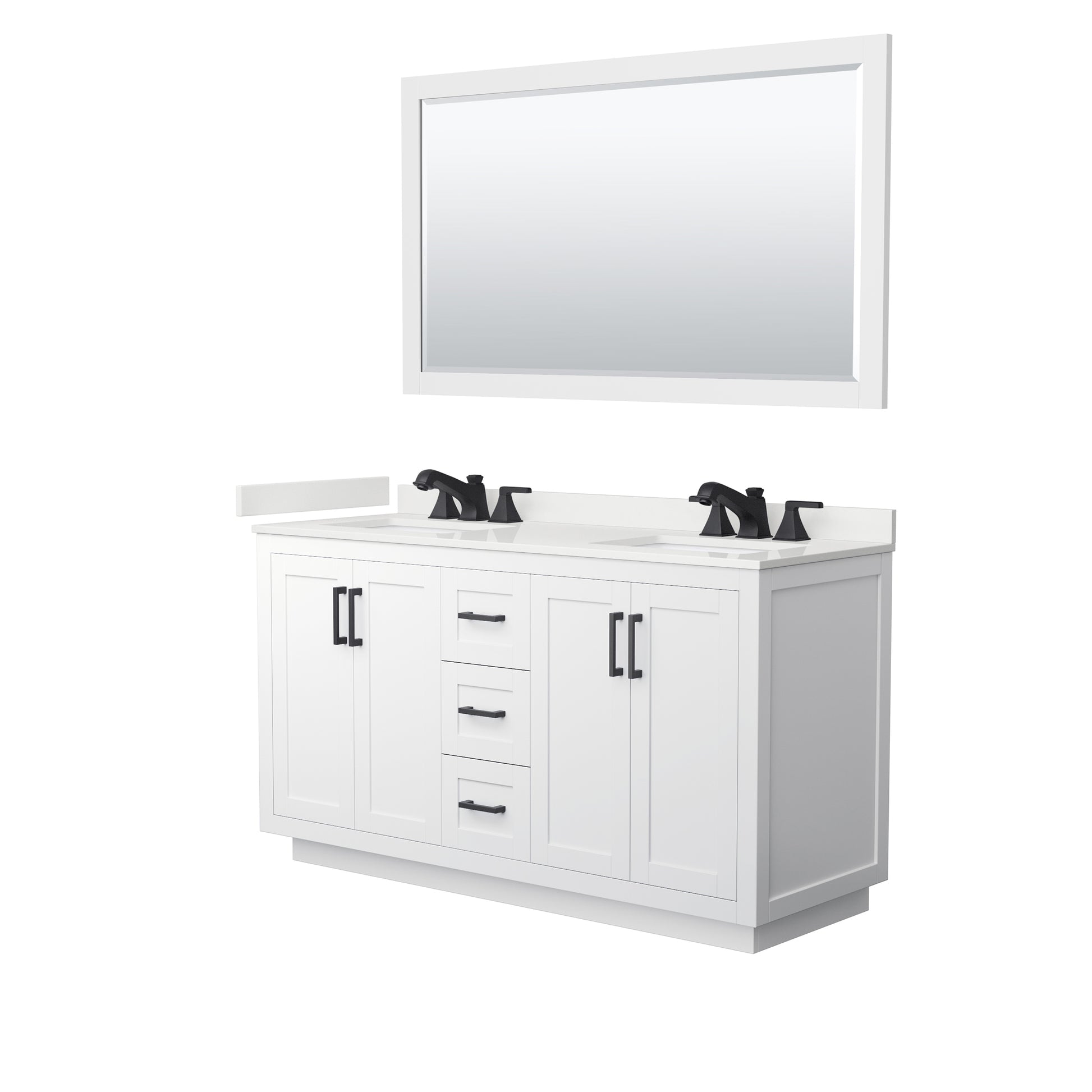 Wyndham Collection Miranda 60" Double Bathroom Vanity in White, White Quartz Countertop, Undermount Square Sinks (3-Hole), Matte Black Trim, 58" Mirror