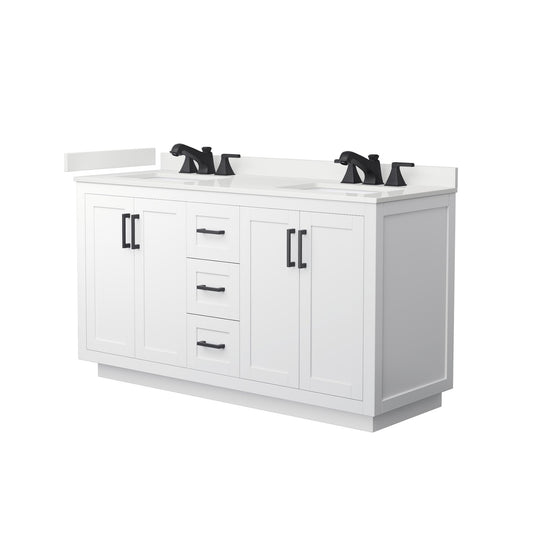 Wyndham Collection Miranda 60" Double Bathroom Vanity in White, White Quartz Countertop, Undermount Square Sinks (3-Hole), Matte Black Trim