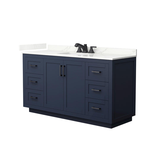 Wyndham Collection Miranda 60" Single Bathroom Vanity in Dark Blue, Giotto Quartz Countertop, Undermount Square Sink (3-Hole), Matte Black Trim