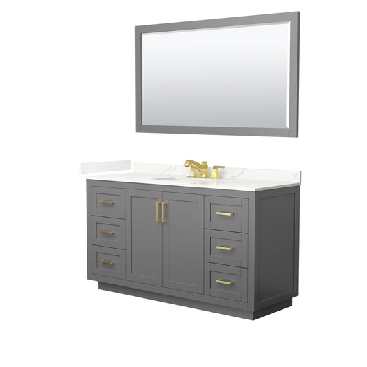Wyndham Collection Miranda 60" Single Bathroom Vanity in Dark Gray, Giotto Quartz Countertop, Undermount Square Sink (3-Hole), Brushed Gold Trim, 58" Mirror