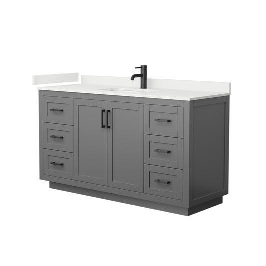 Wyndham Collection Miranda 60" Single Bathroom Vanity in Dark Gray, White Quartz Countertop, Undermount Square Sink (1-Hole), Matte Black Trim