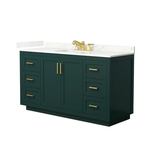 Wyndham Collection Miranda 60" Single Bathroom Vanity in Green, Giotto Quartz Countertop, Undermount Square Sink (3-Hole), Brushed Gold Trim