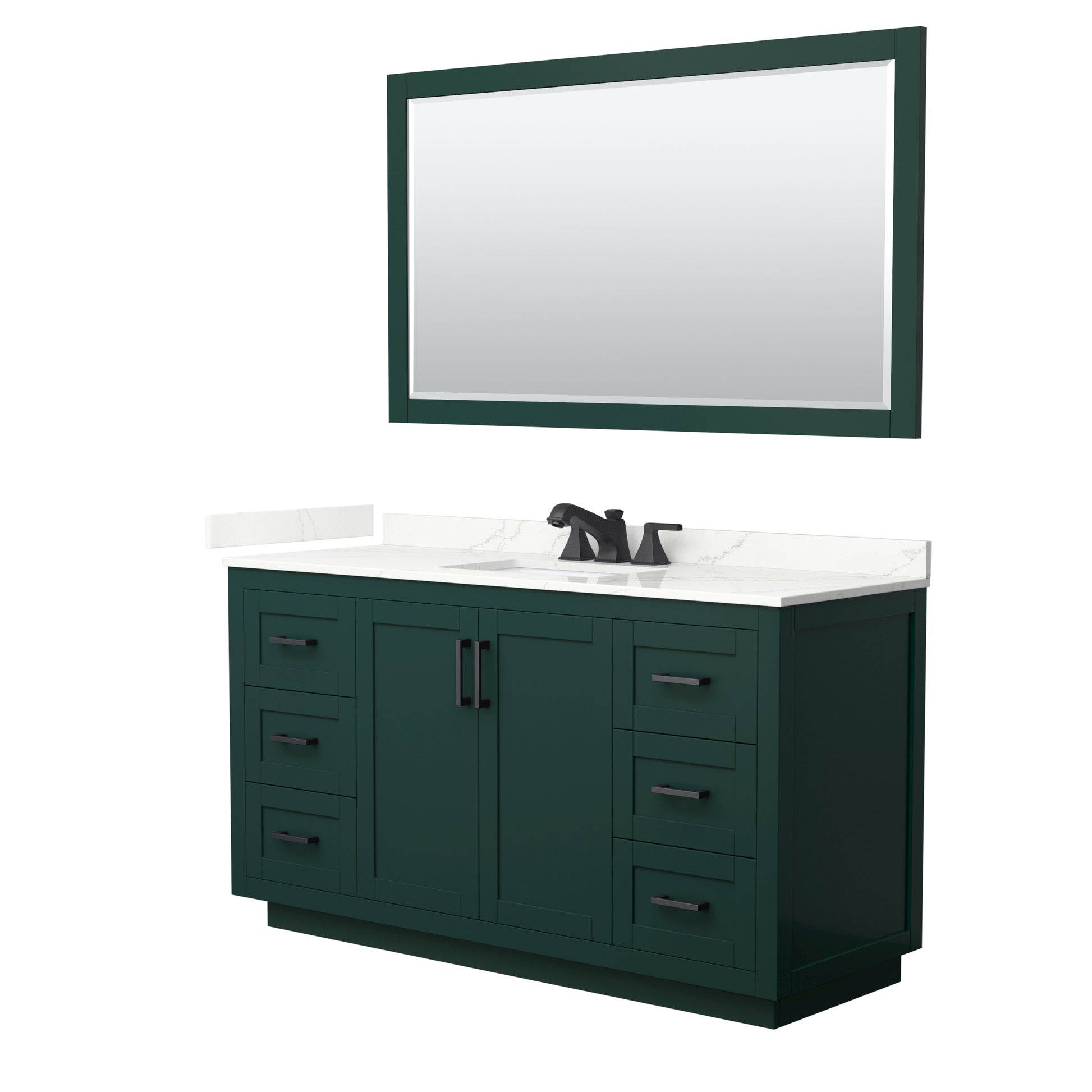 Wyndham Collection Miranda 60" Single Bathroom Vanity in Green, Giotto Quartz Countertop, Undermount Square Sink (3-Hole), Matte Black Trim, 58" Mirror