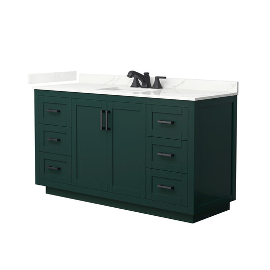Wyndham Collection Miranda 60" Single Bathroom Vanity in Green, Giotto Quartz Countertop, Undermount Square Sink (3-Hole), Matte Black Trim