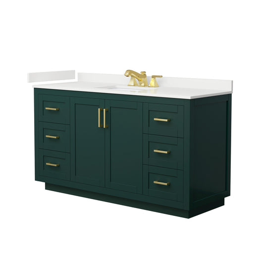 Wyndham Collection Miranda 60" Single Bathroom Vanity in Green, White Quartz Countertop, Undermount Square Sink (3-Hole), Brushed Gold Trim