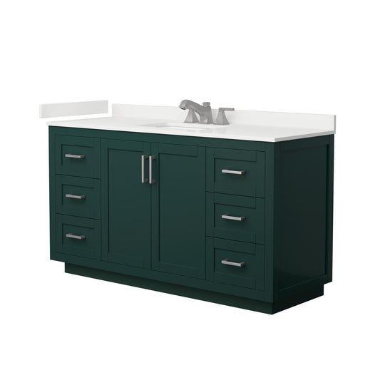Wyndham Collection Miranda 60" Single Bathroom Vanity in Green, White Quartz Countertop, Undermount Square Sink (3-Hole), Brushed Nickel Trim