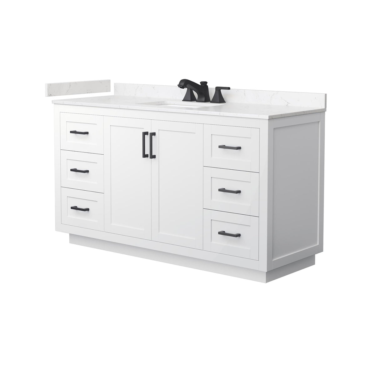Wyndham Collection Miranda 60" Single Bathroom Vanity in White, Carrara Cultured Marble Countertop, Undermount Square Sink (3-Hole), Matte Black Trim