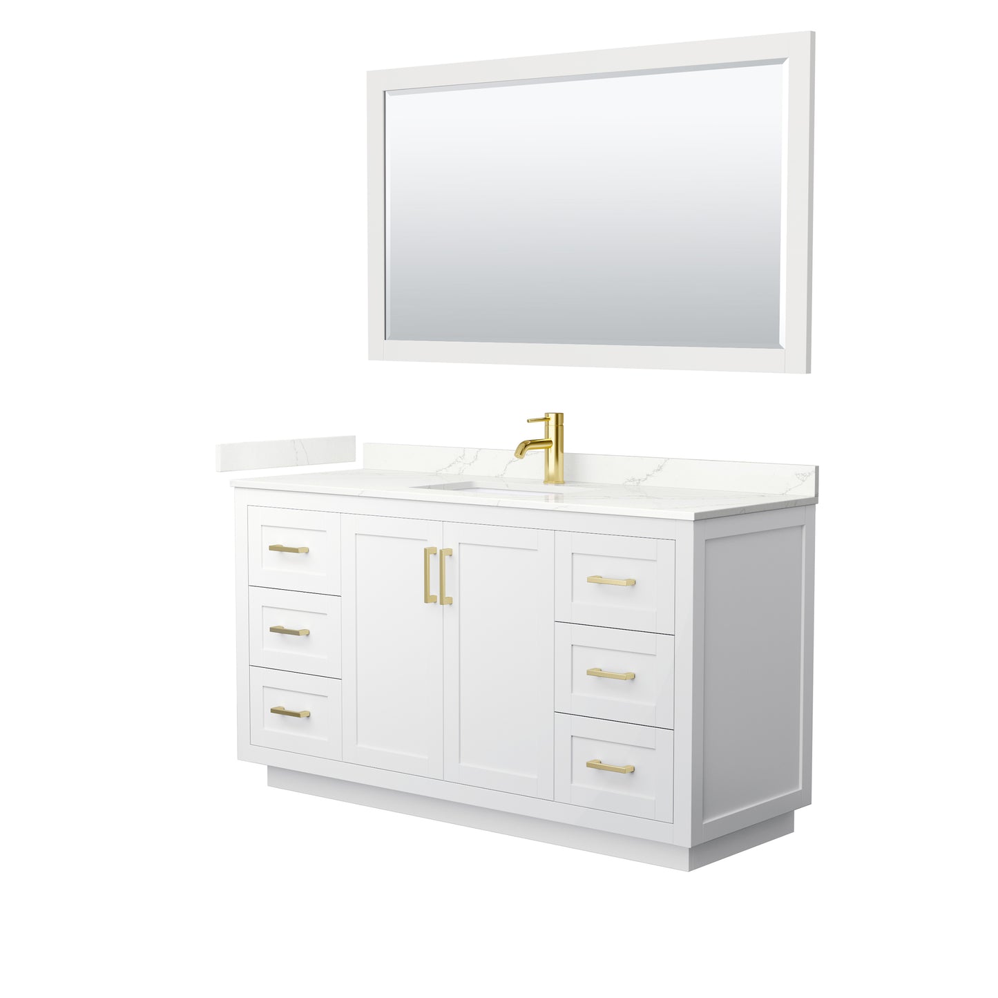 Wyndham Collection Miranda 60" Single Bathroom Vanity in White, Giotto Quartz Countertop, Undermount Square Sink (1-Hole), Brushed Gold Trim, 58" Mirror