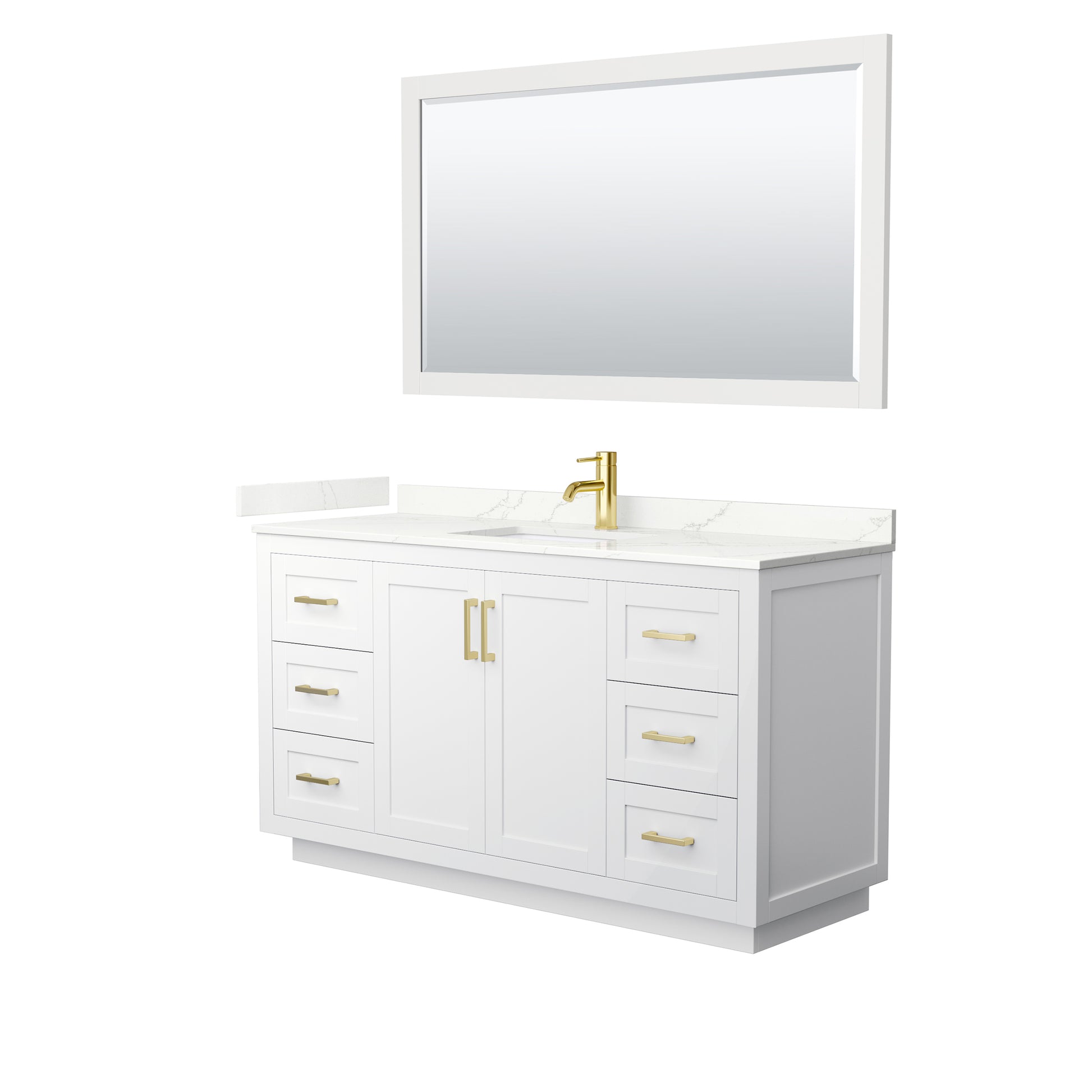 Wyndham Collection Miranda 60" Single Bathroom Vanity in White, Giotto Quartz Countertop, Undermount Square Sink (1-Hole), Brushed Gold Trim, 58" Mirror