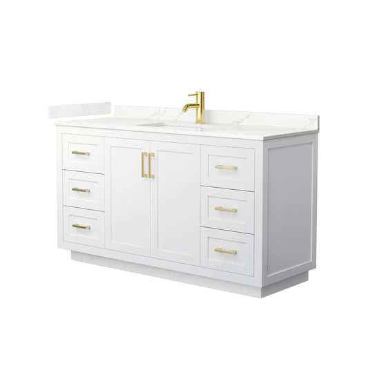 Wyndham Collection Miranda 60" Single Bathroom Vanity in White, Giotto Quartz Countertop, Undermount Square Sink (1-Hole), Brushed Gold Trim