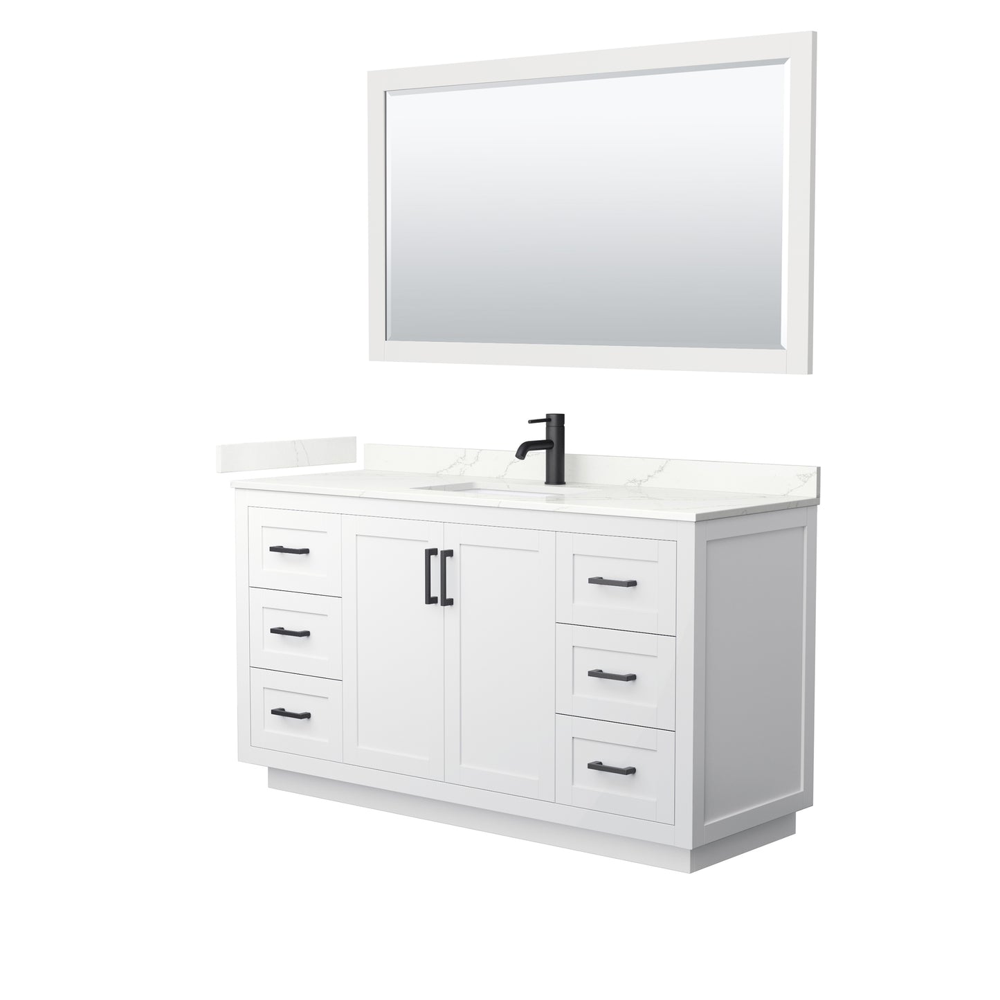 Wyndham Collection Miranda 60" Single Bathroom Vanity in White, Giotto Quartz Countertop, Undermount Square Sink (1-Hole), Matte Black Trim, 58" Mirror
