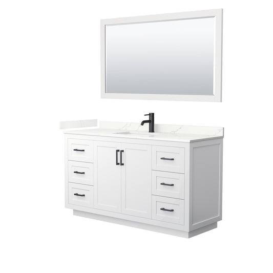 Wyndham Collection Miranda 60" Single Bathroom Vanity in White, Giotto Quartz Countertop, Undermount Square Sink (1-Hole), Matte Black Trim, 58" Mirror
