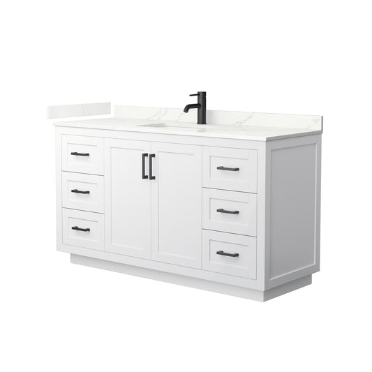 Wyndham Collection Miranda 60" Single Bathroom Vanity in White, Giotto Quartz Countertop, Undermount Square Sink (1-Hole), Matte Black Trim