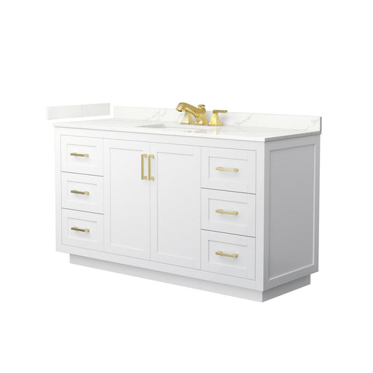 Wyndham Collection Miranda 60" Single Bathroom Vanity in White, Giotto Quartz Countertop, Undermount Square Sink (3-Hole), Brushed Gold Trim