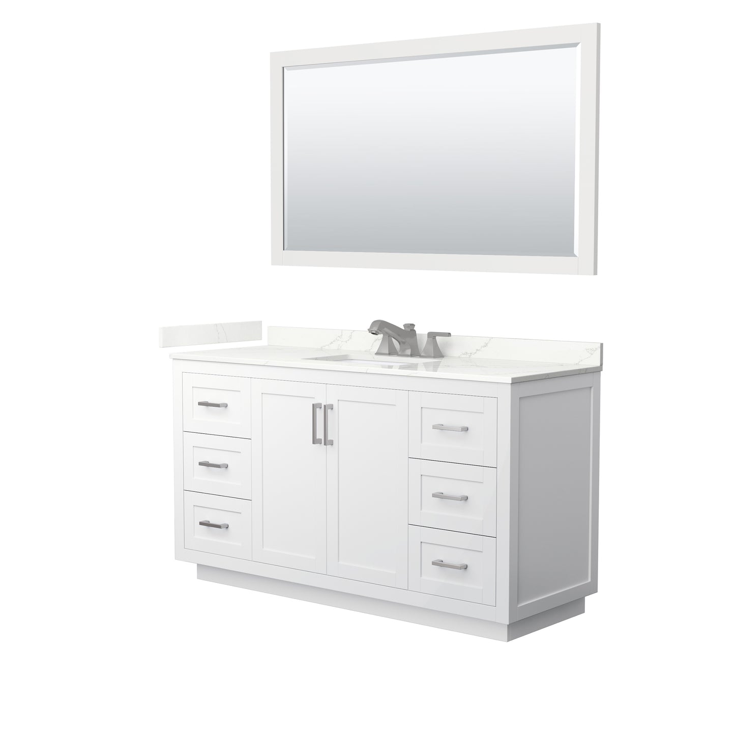 Wyndham Collection Miranda 60" Single Bathroom Vanity in White, Giotto Quartz Countertop, Undermount Square Sink (3-Hole), Brushed Nickel Trim, 58" Mirror