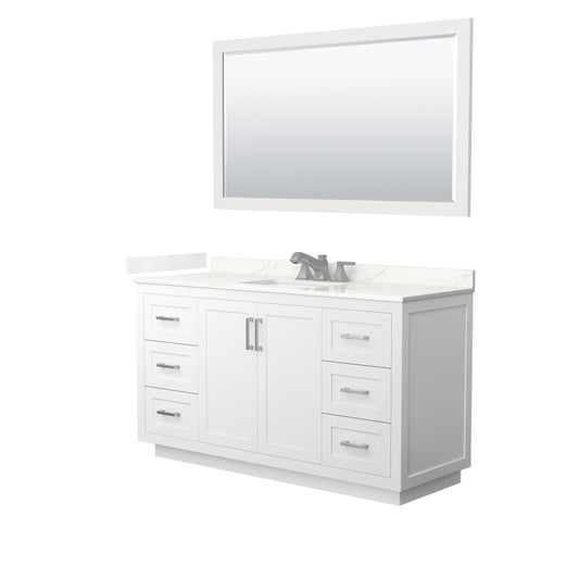 Wyndham Collection Miranda 60" Single Bathroom Vanity in White, Giotto Quartz Countertop, Undermount Square Sink (3-Hole), Brushed Nickel Trim, 58" Mirror