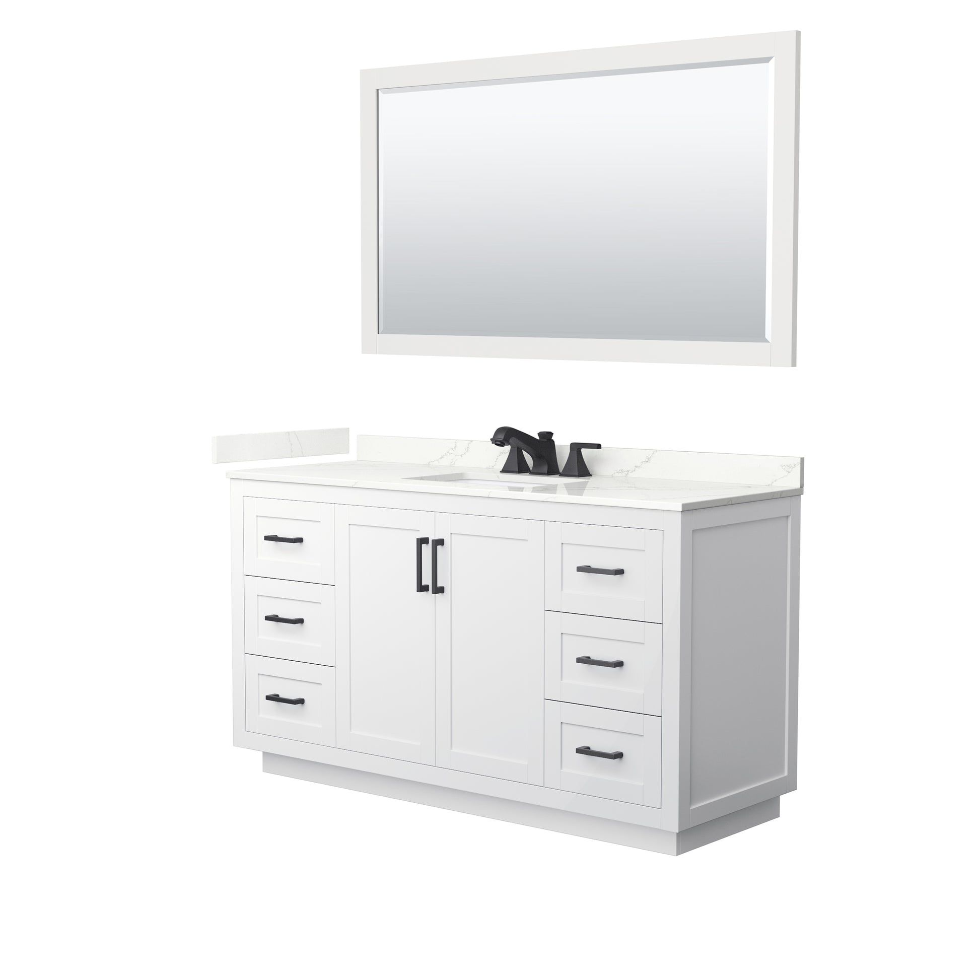 Wyndham Collection Miranda 60" Single Bathroom Vanity in White, Giotto Quartz Countertop, Undermount Square Sink (3-Hole), Matte Black Trim, 58" Mirror