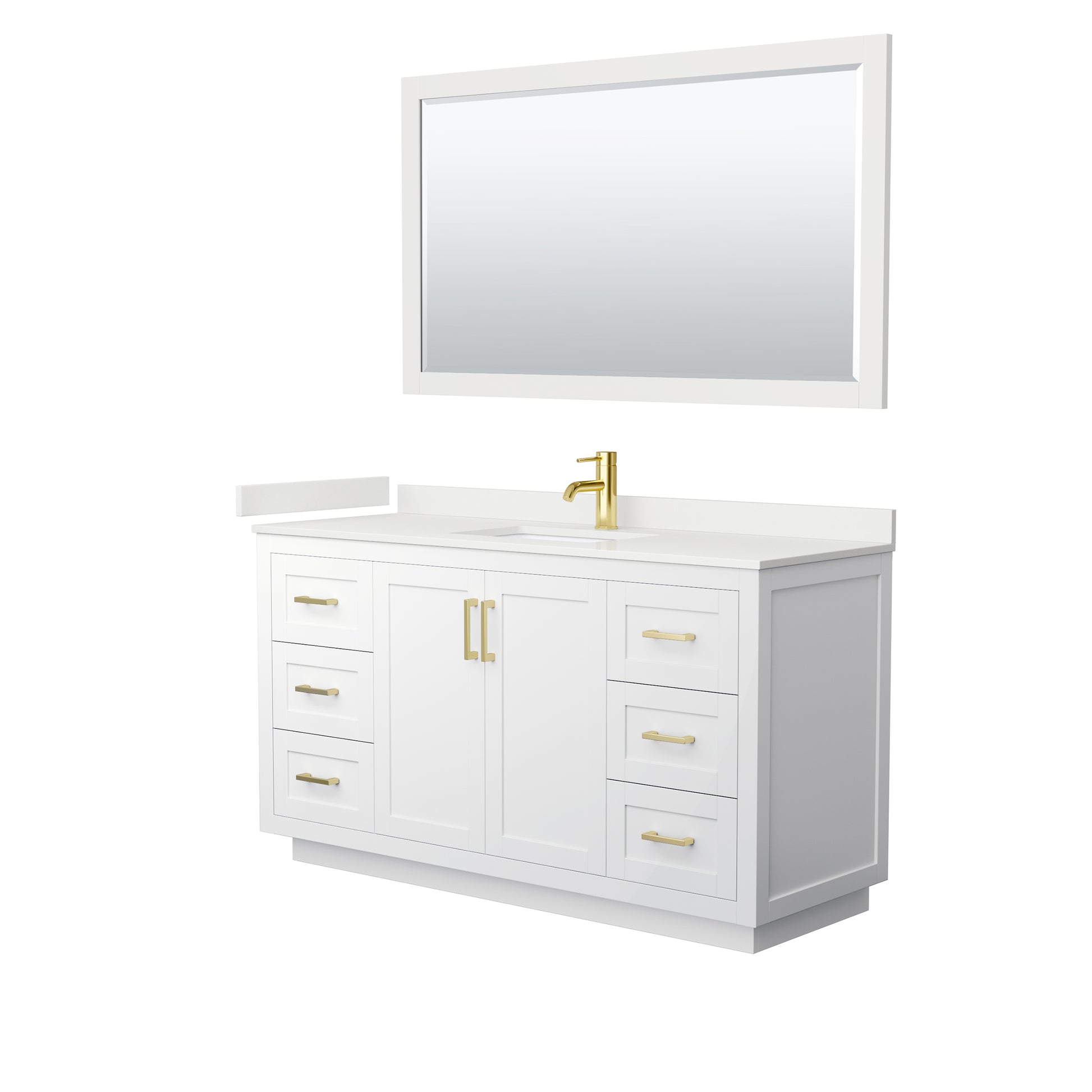 Wyndham Collection Miranda 60" Single Bathroom Vanity in White, White Quartz Countertop, Undermount Square Sink (1-Hole), Brushed Gold Trim, 58" Mirror